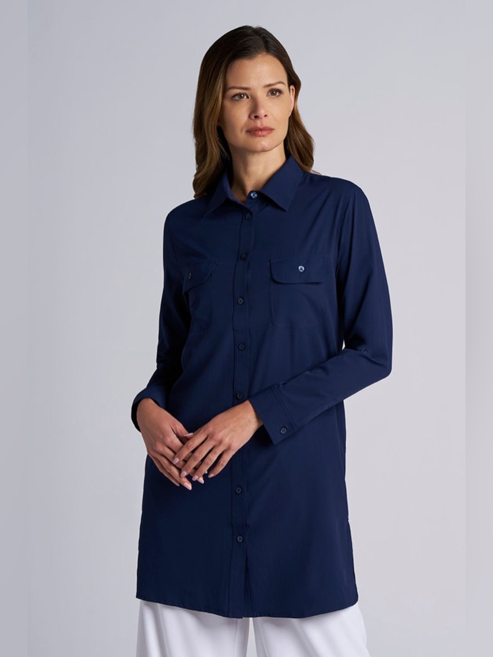 Coolibar UPF 50 Santorini Tunic Shirt Navy Aire Fabric Size M Coastal Beach Swim